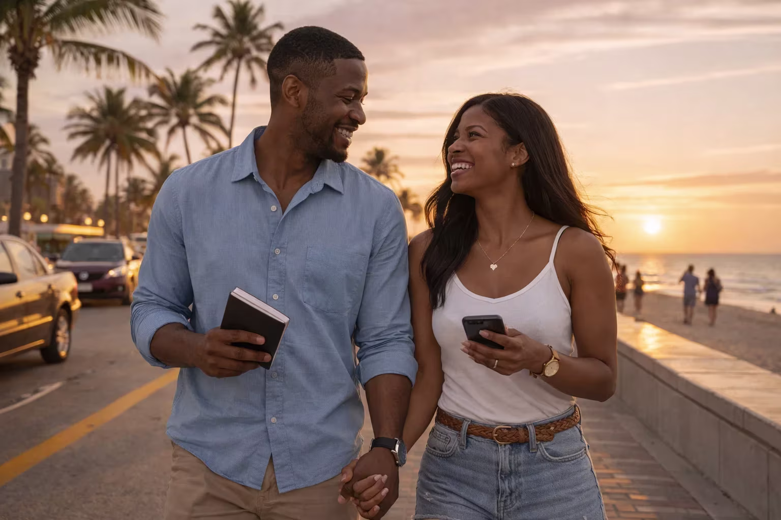 Romantic couple planning a Valentine’s Day date at a sunny outdoor café in Fort Lauderdale
