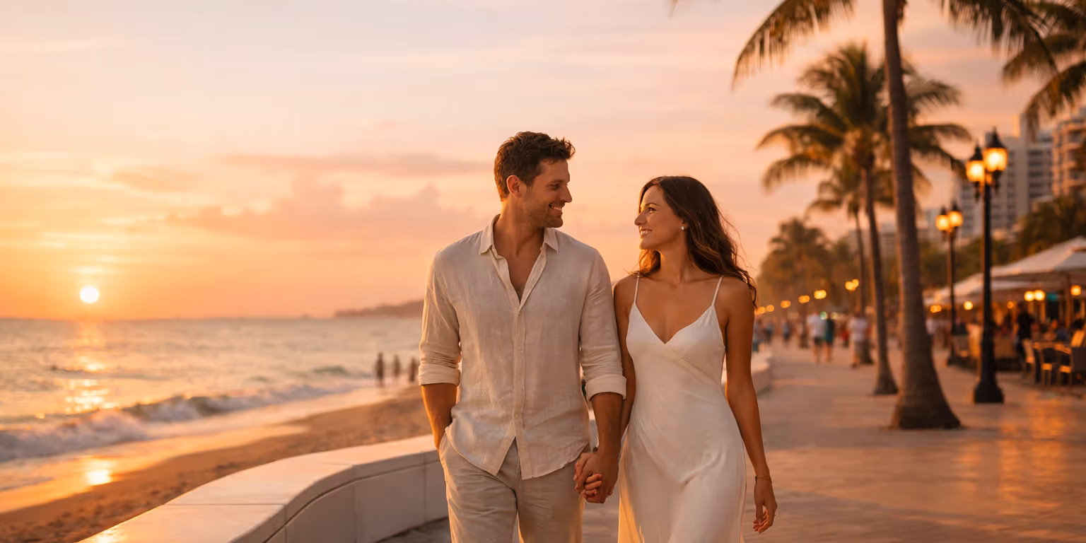 Romantic couple walking hand in hand along Fort Lauderdale Beach at sunset near Las Olas, perfect Valentine's Day experience in South Florida