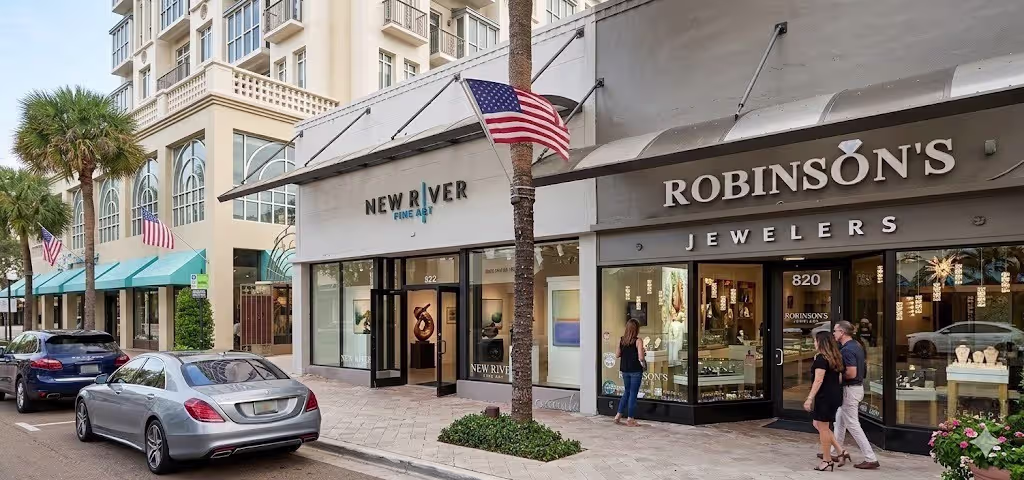 New River Fine Art storefront on an upscale Fort Lauderdale shopping block