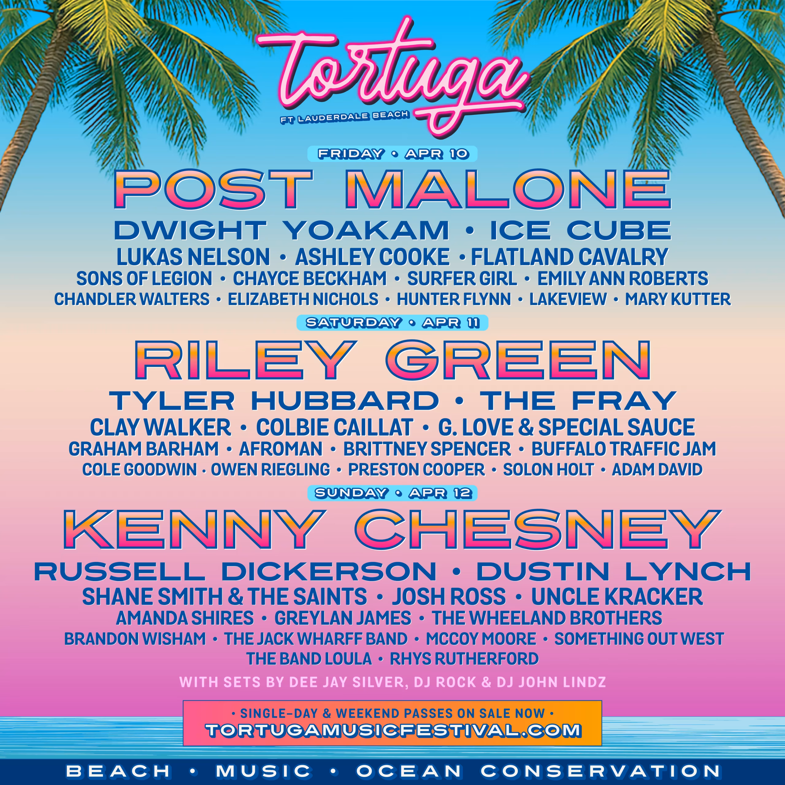Tortuga Music Festival 2026 official lineup poster featuring Post Malone, Riley Green and Kenny Chesney at Fort Lauderdale Beach April 10-12