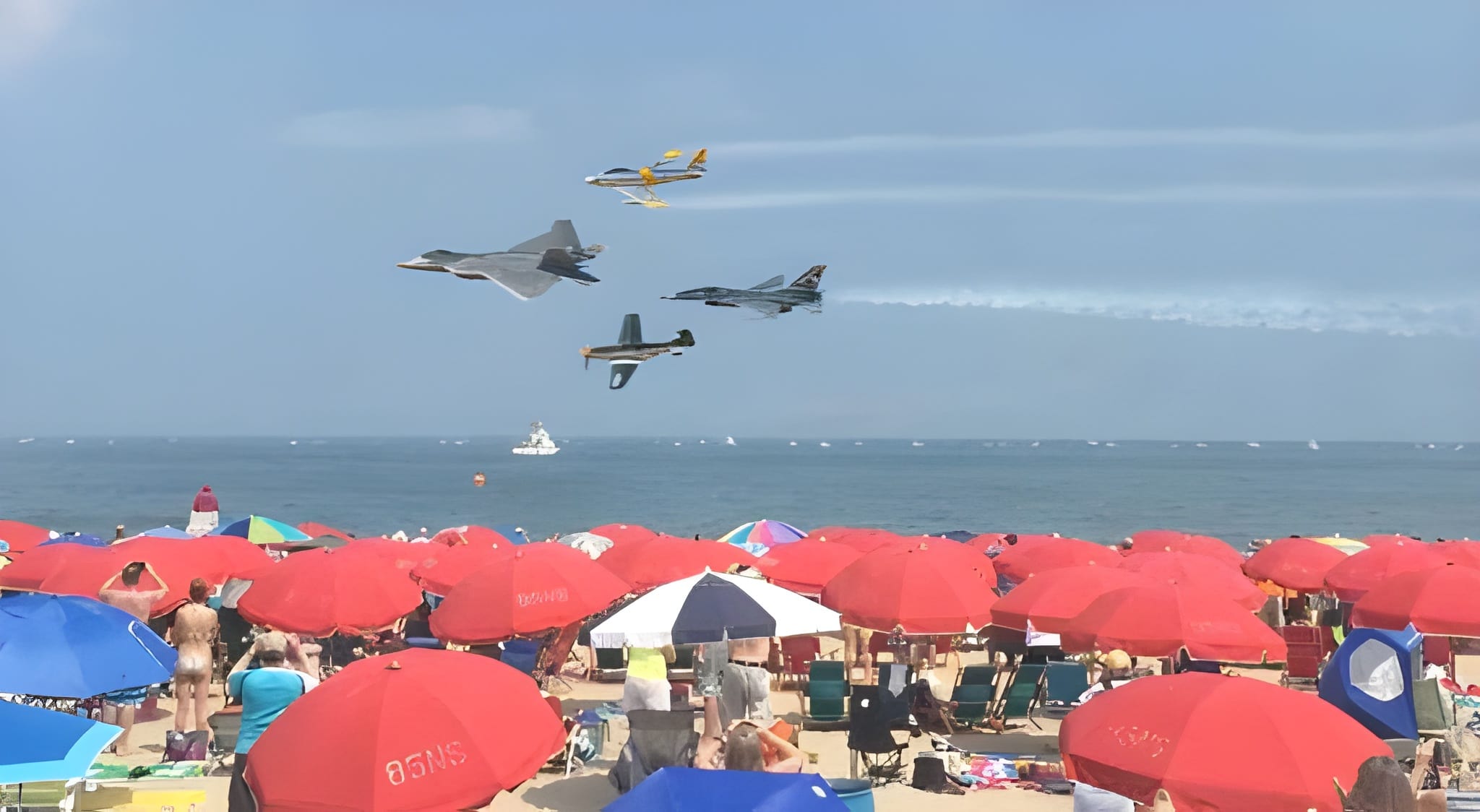 Multiple military jets flying low over a packed Fort Lauderdale Beach with red umbrellas and spectators watching from the sand