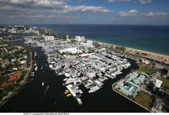 Aerial view of Bahia Mar Yachting Center packed with yachts and exhibit tents during the Fort Lauderdale International Boat Show